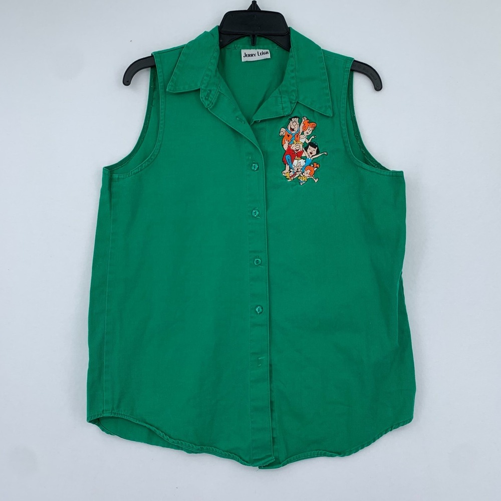 VTG Jerry Leigh The Flintstones Embroidered Sleeveless Shirt‎ Green USA SZ M 90s